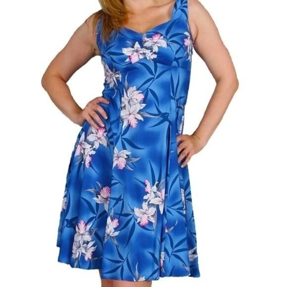Two Palms Vtg Blue Midnight Orchid Floral Midi H-Strap Dress‎ Women's M